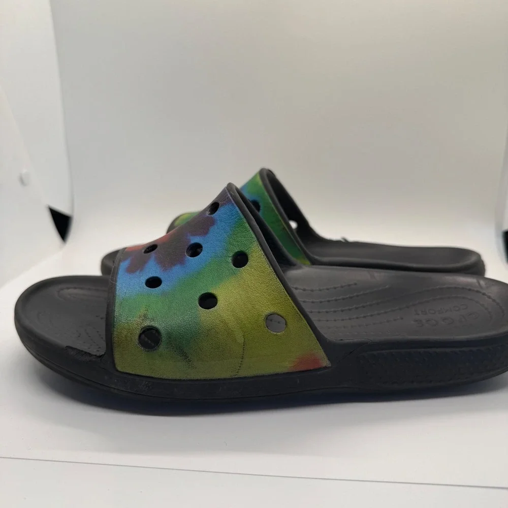 Crocs‎ Classic Slide Tie Dye Black Multi Color Sandals Mens 7 Womens 9 206121
